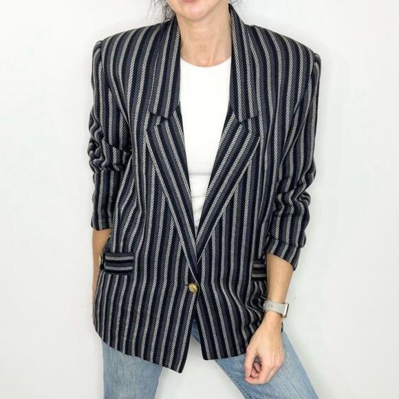 Vintage Jackets & Blazers - Vintager Dan Valy wool blend grey black blue pin stripe oversized blazer